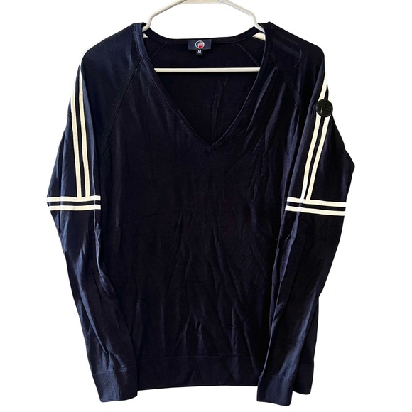 Fusalp V-Neck Sweater Long Sleeve Striped Trim Pullover Top Navy Blue M - Picture 1 of 9